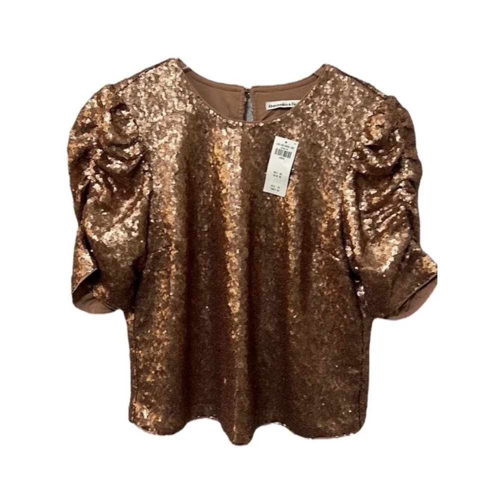 Abercrombie & Fitch Gold Sequin Ruched Puff Sleeve Top Size L NWT